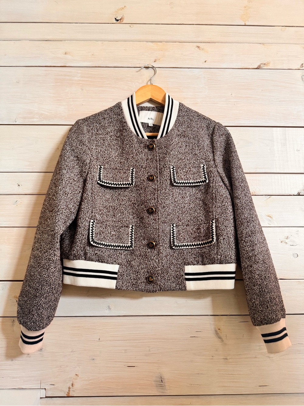 Brown Textured Tweed Varsity Jacket with Cream & Black Trim